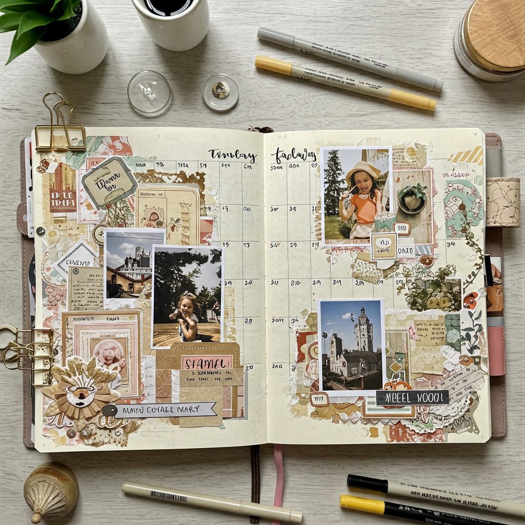 Bullet journal décoré avec des collages de scrapbooking illustrant les thèmes du mois.