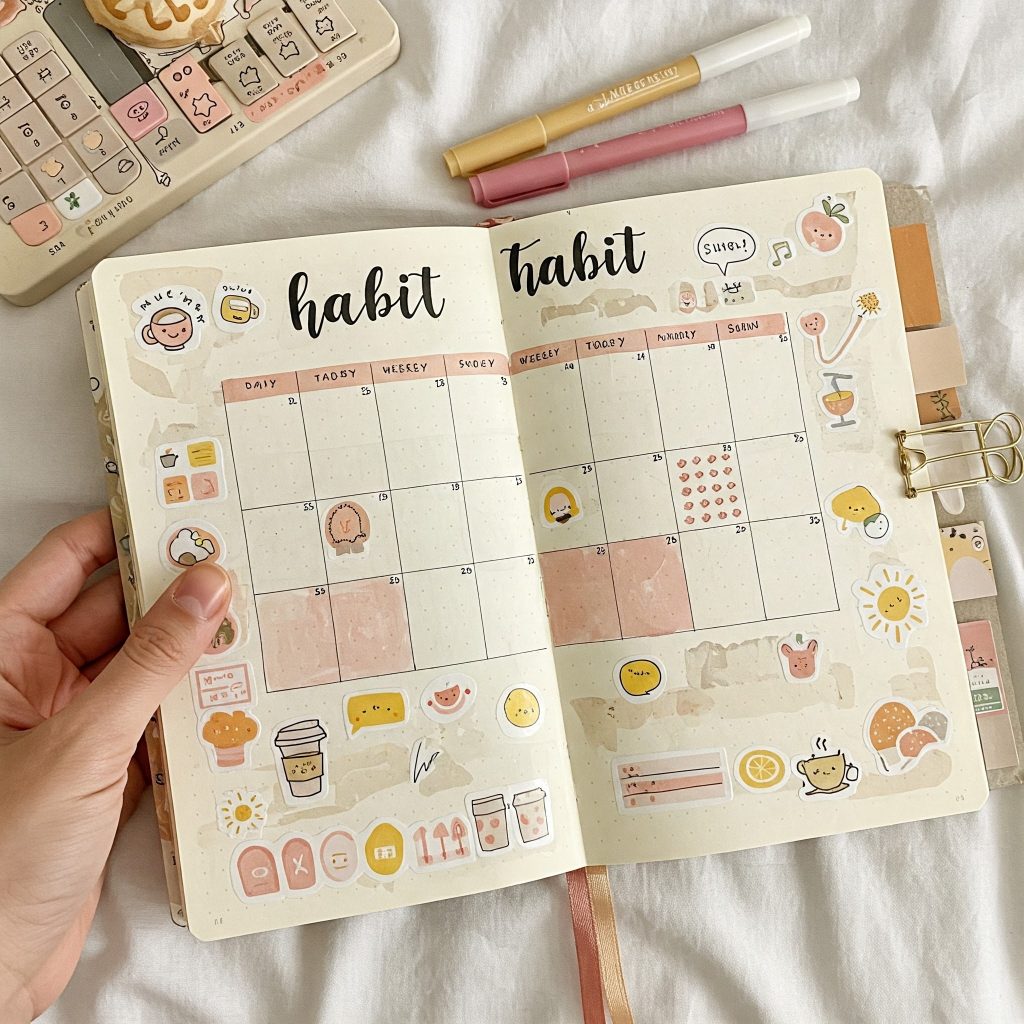 Pages de bullet journal pour le suivi des habitudes décorées avec des petits stickers et des dessins en lien avec les habitudes suivies.