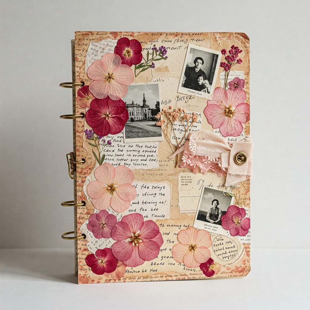journal décoré dans un style scrapbooking avec des illustrations thématiques pour chaque mois et des pochettes intégrées pour ranger listes et pense-bêtes.
