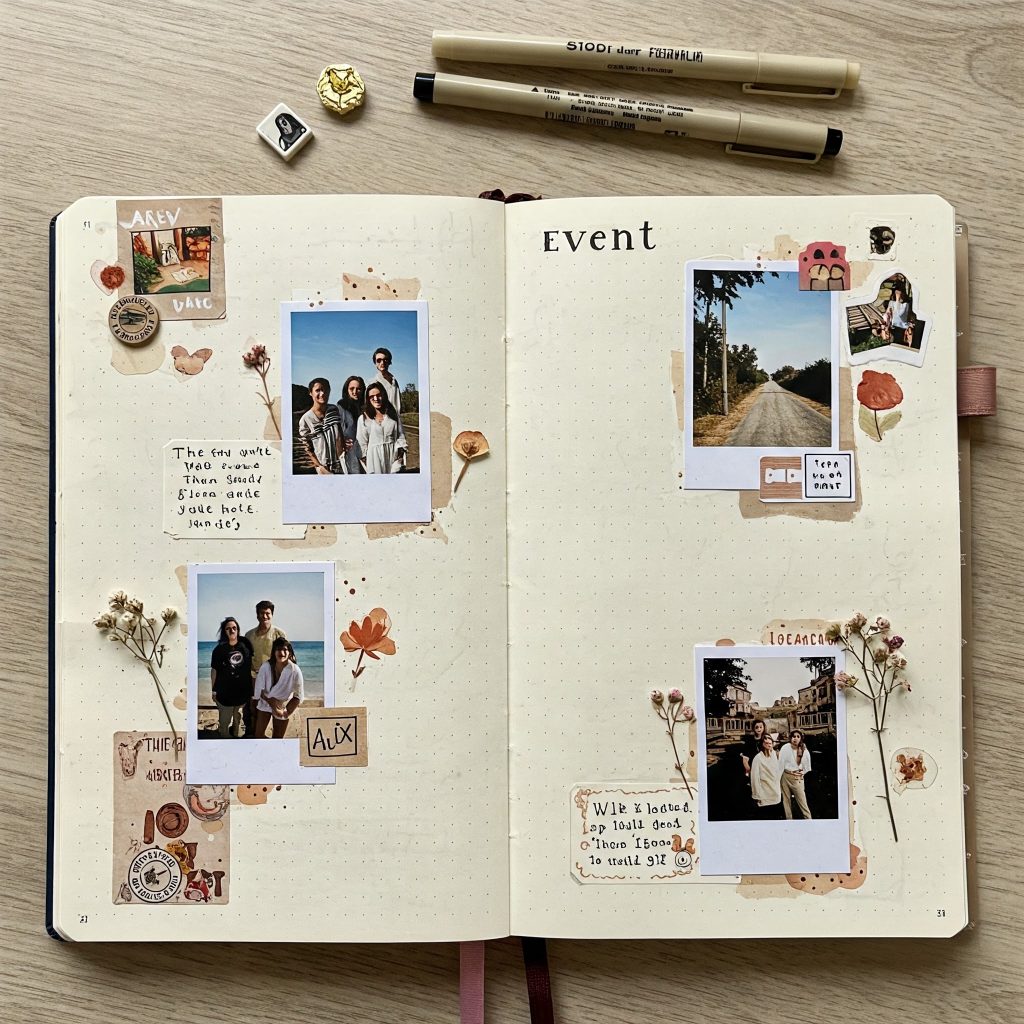 Pages de bullet journal dédiées aux événements spéciaux décorées avec des photos et de petits souvenirs attachés (tickets, étiquettes, etc.).