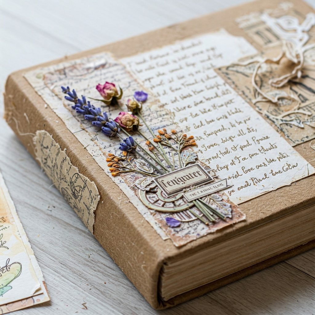 Journal intime personnalisé en scrapbooking avec des fleurs séchées délicates et des citations écrites à la main sur la couverture.